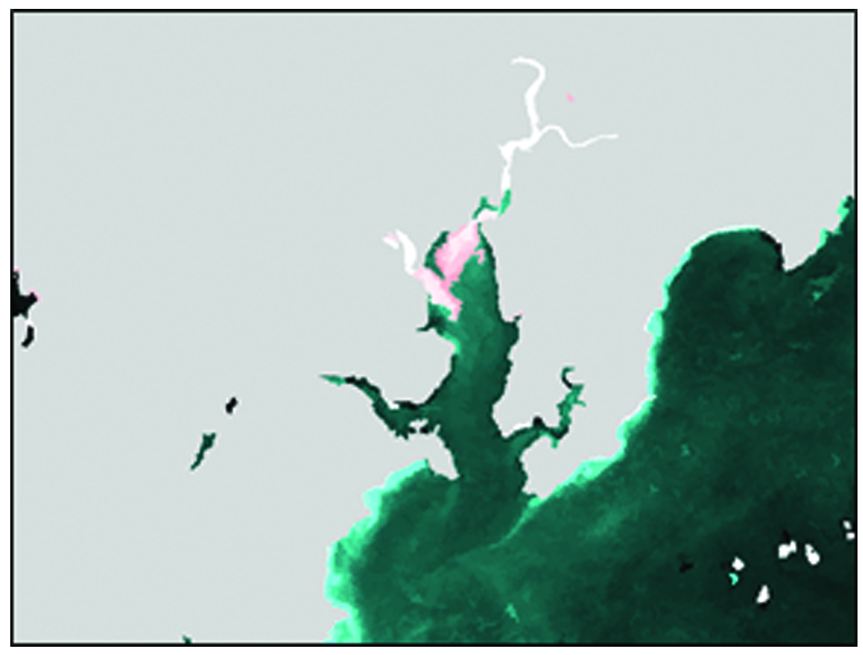 River plume extent determined using Landsat 8 data and image classification techniques. Mapped plume extent in red
